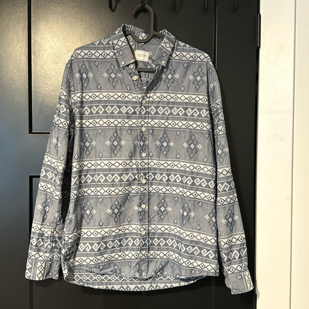 🎉 Frank & Oak Blue Aztec Pattern Button Down 100% Cotton Shirt